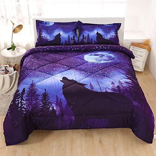 3 Pieces Zipper Feelyou Wolf Duvet Cover Set for Kids Boys 3D Print Galaxy Bedding Set Twin Size Decorative Blue Moonlight Stars Microfiber Polyester Comforter Cover with 2 Pillow Shams