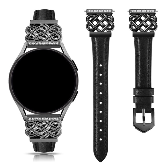 Leather Band Compatible for Samsung Galaxy Watch 7/6/5/4 40mm 44mm/Watch 4/6 Classic/5 Pro/Active 2, 20mm Bling Dressy Watch Strap with Celtic Knot Buckle for Women