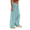 thumbnail image 2 of Womens Casual Loose Fit Wide Leg Cotton Pants Drawstring Stitching Baggy Pants Trousers with Pockets Light Blue L, 2 of 9