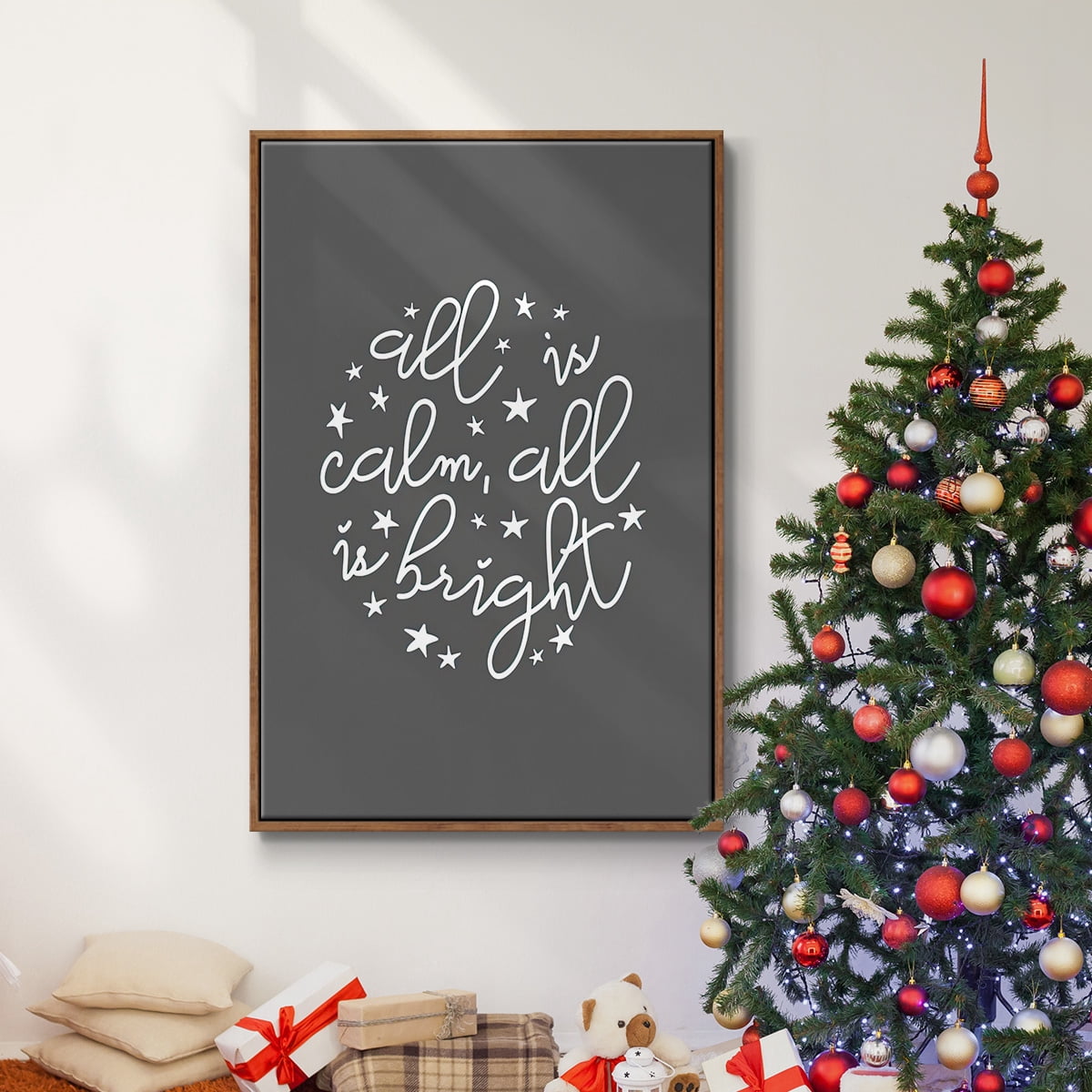 All is Calm, All is Bright - Dark Gray - Framed Gallery Wrapped Holiday Canvas - 27 x 41 - Rosewood Frame