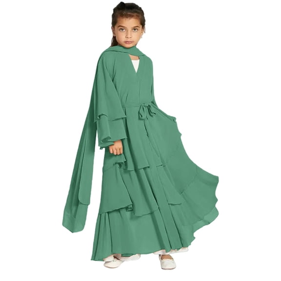 Otqutp Kids Abayas Dress for Girls Chiffon Layered Muslim Dresses Pleated Elegant Long Skirt Kaftan Prayer 𝗜slamic Maxi Dress