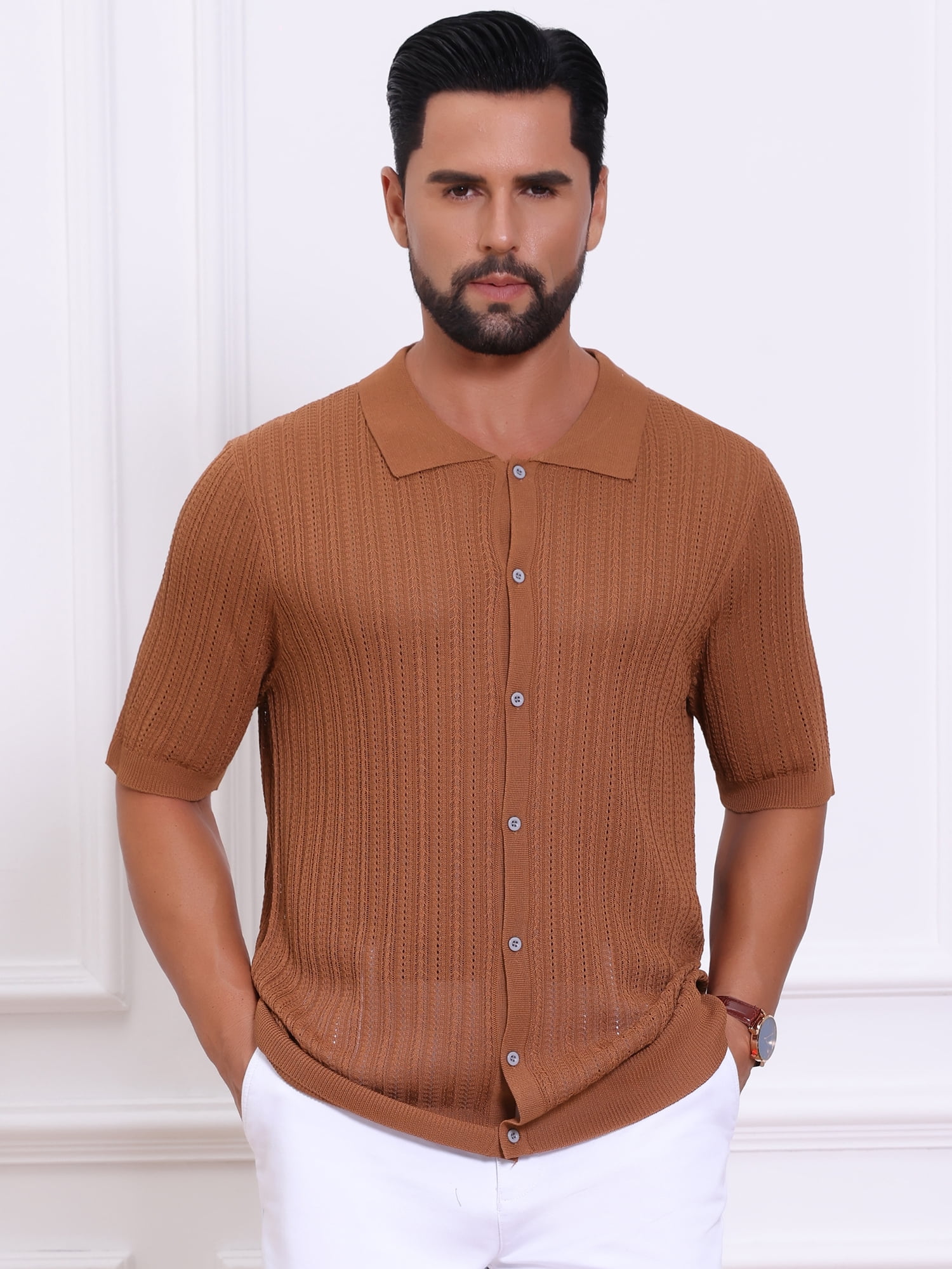 DARING DIVA Men's Striped Summer Short Sleeve Knitted See Through Shirts 2XL Brown