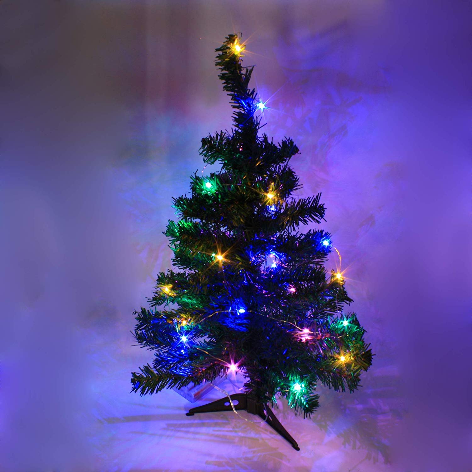 Wideskall 2 Feet Tabletop Artificial Mini Green Christmas Pine Tree with 30 Multi-Color LED Lights & Ornaments