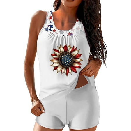 Lroveb Tankini Swimsuits for Women Independence Day American Flag Graphic Bathing Suits Two Piece Swim Tank Top With Boyshorts Ladies Swimwear 4th of July Swim Suit