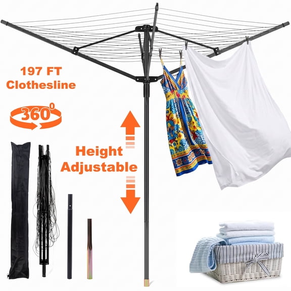 Qunbio Umbrella Drying Rack, 197 ft Rotary Umbrella Clothesline Outdoor, Adjustable Height Foldable Clothes Drying Rack for Garden Backyard