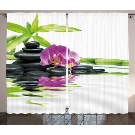 Purple Bamboo (Spa Decor Curtains 2 Panels Set, Asian Relaxation with Zen Massage Stones Purple Orchid and a Bamboo, Window Drapes for Living Room Bedroom, 108W X 84L Inches, Purple Black and)