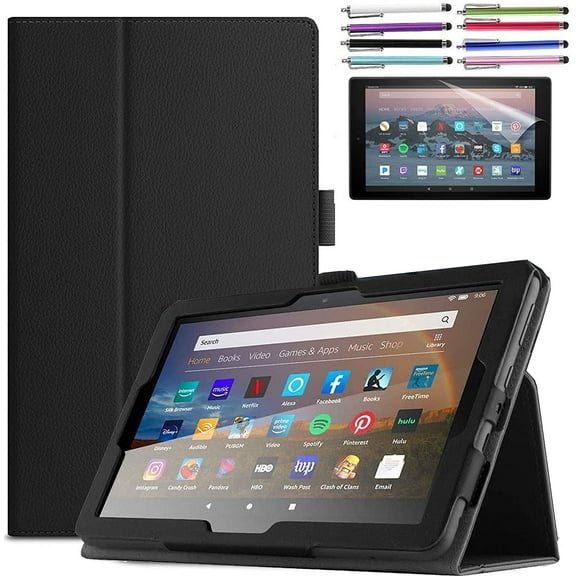 EpicGadget Case for Amazon Fire HD 8 / Fire HD 8 Plus (10th Generation, 2020 Released) - Auto Wake/Sleep Lightweight Folio Stand Cover PU Leather Case 1 Screen Protector and 1 Stylus (Black)