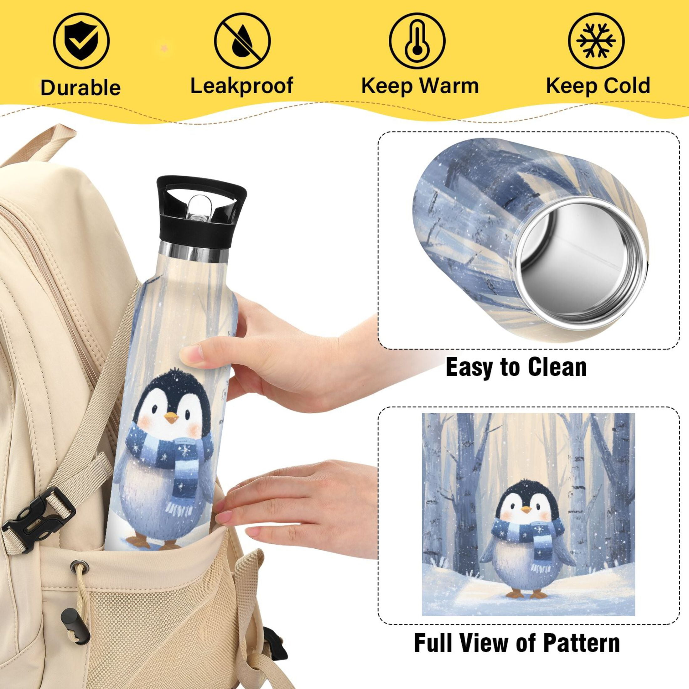 Kids Insulated Stainless Steel Sports Water Bottle 600ml (20oz) Cute Penguin in Winter