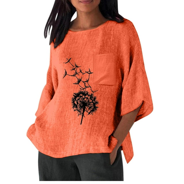 Hauts d'Été pour Femmes, Chemise Imitation Lin Manches 3/4 Col Rond T-Shirt Ample avec Poche Chemise Décontractée Légère et Pratique Haut d'Été, Hauts d'Été pour Femmes