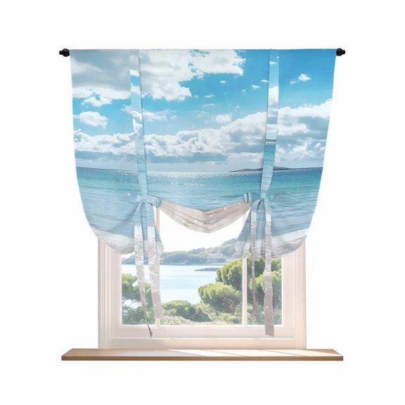 Ocean Beach Tie Up Curtains for Windows 63 Inch Length Balloon Curtains Kitchen Adjustable Balloon Window Shade Natural Blue Sea Waves Sky Cloudy Scenery Tie Up Valance Bathroom Curtain 52"x63"
