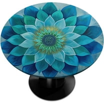 Teal Flower Round Fitted Tablecloth Mandala Floral Small Round Table Cover with Elastic Edge Waterproof Wipeable Circle Outdoor Table Cloths for Party Patio Kitchen Decor Fit 40"-44" Table Pad