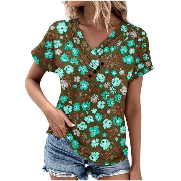 Tops de Algodón para Mujeres Cuello en V Moda Casual Manga Corta Primavera Verano Top para el Hogar Y Diario