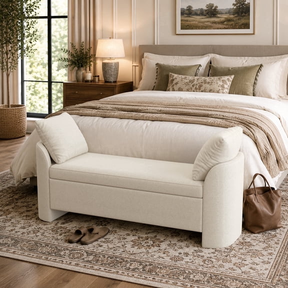 Usaint Upholstered Storage Bench, Padded Armrest Bedroom Bench for Bedroom, Entryway, Living Room, Beige