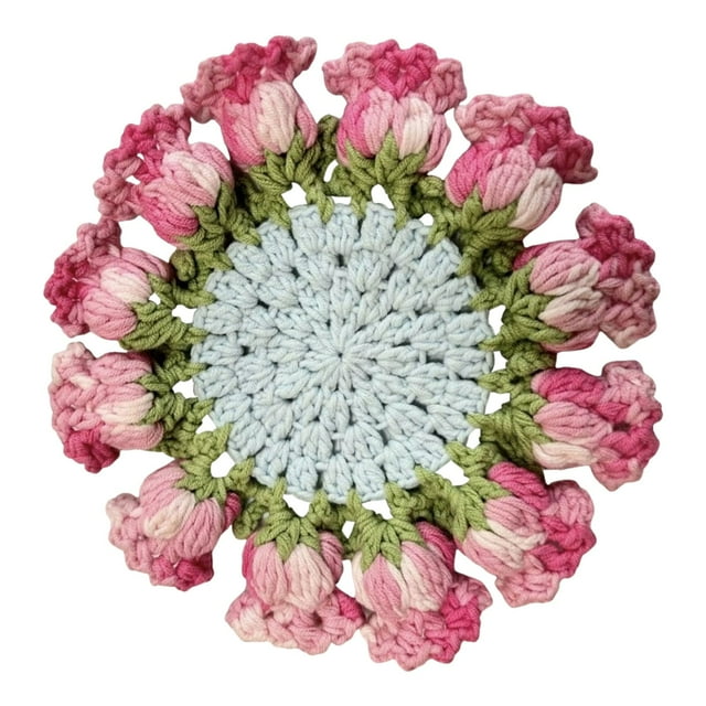 YWIYIUD 1PC 3.94inch Vintage Crochet Pattern Flower Bouquet Flower Insulation Pads Knitting Kit with Cotton Thread for Desktop Protection DIY Craft Accessories Tools Set and Home Decoration
