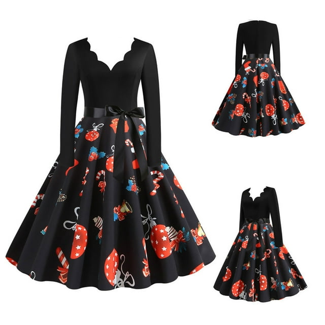 Robe Patchwork pour Femmes Robes Rockabilly Vintage Robe de Fête de Noël avec Nœud
