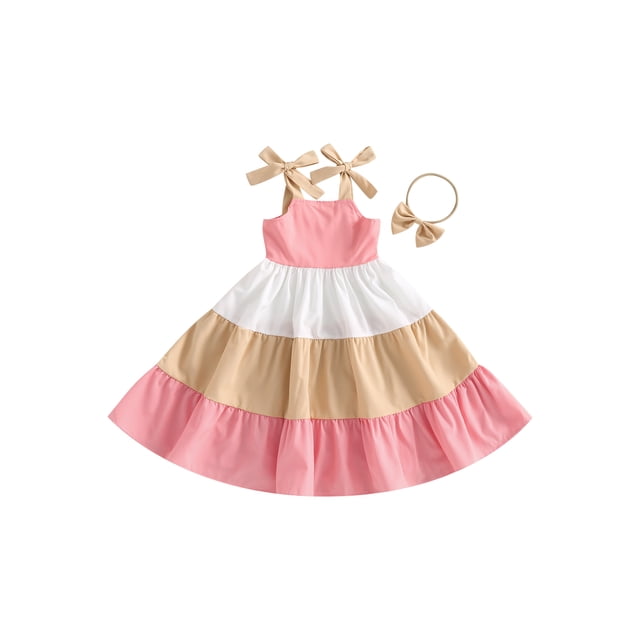 Faithtur Robe Princesse pour Filles Enfants Couleur Contrastée Bretelles à Nouer Robe de Concours Robe de Fête avec Bandeau