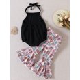 thumbnail image 4 of Pudcoco Infant Baby Summer Clothes Suit, Solid Color Ribbed Halter Neck Romper + Elastic Waist Flower Flare Pants, 4 of 8