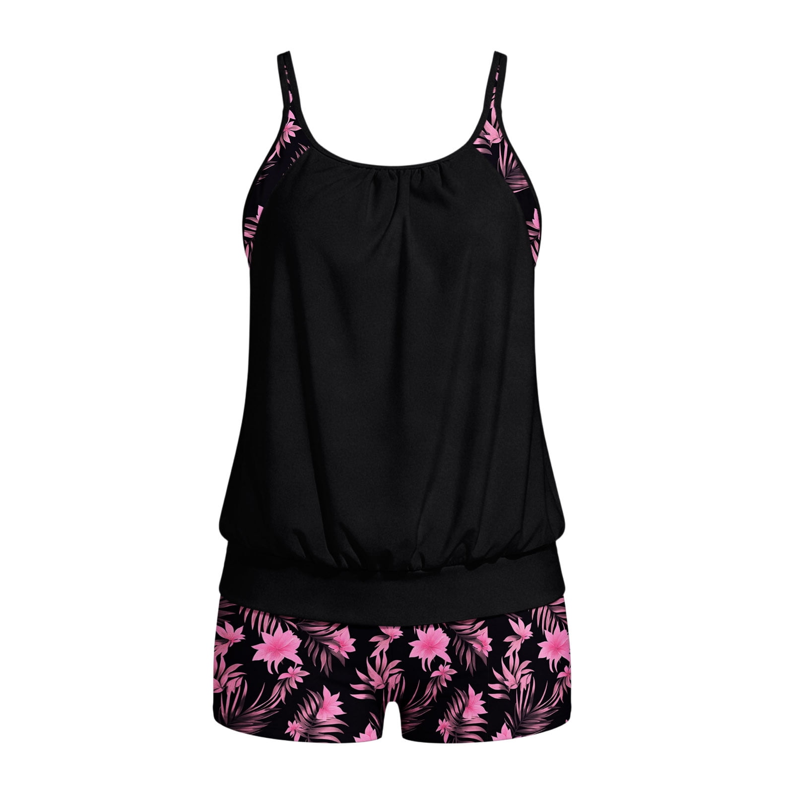 Blouson Tankini Swimsuits for Women Tummy Control Two Piece Bathing Suits with Sporty Pockets Swim Shorts