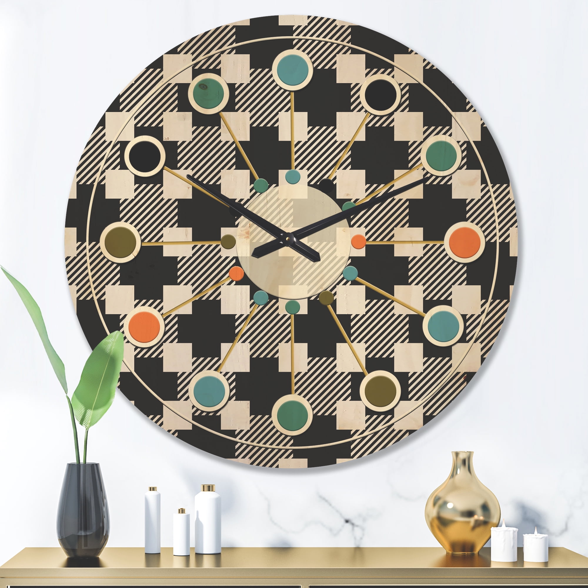 Designart 'Geometric Black and White Pattern II' Mid-Century Modern Wood Wall Clock