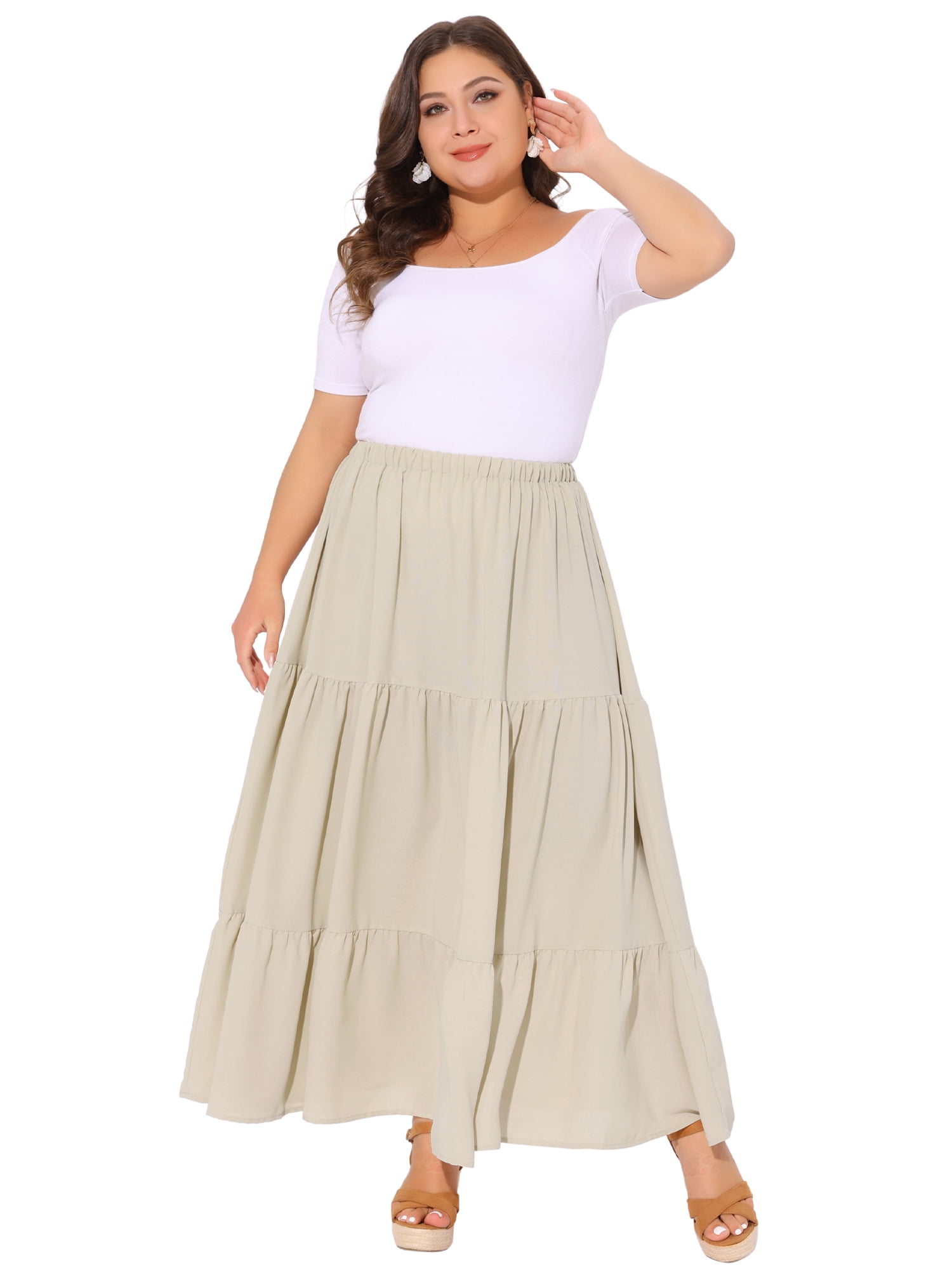 DARING DIVA Women's Plus Swing Maxi Elastic High Waist Boho Flowy Skirts 3X Beige