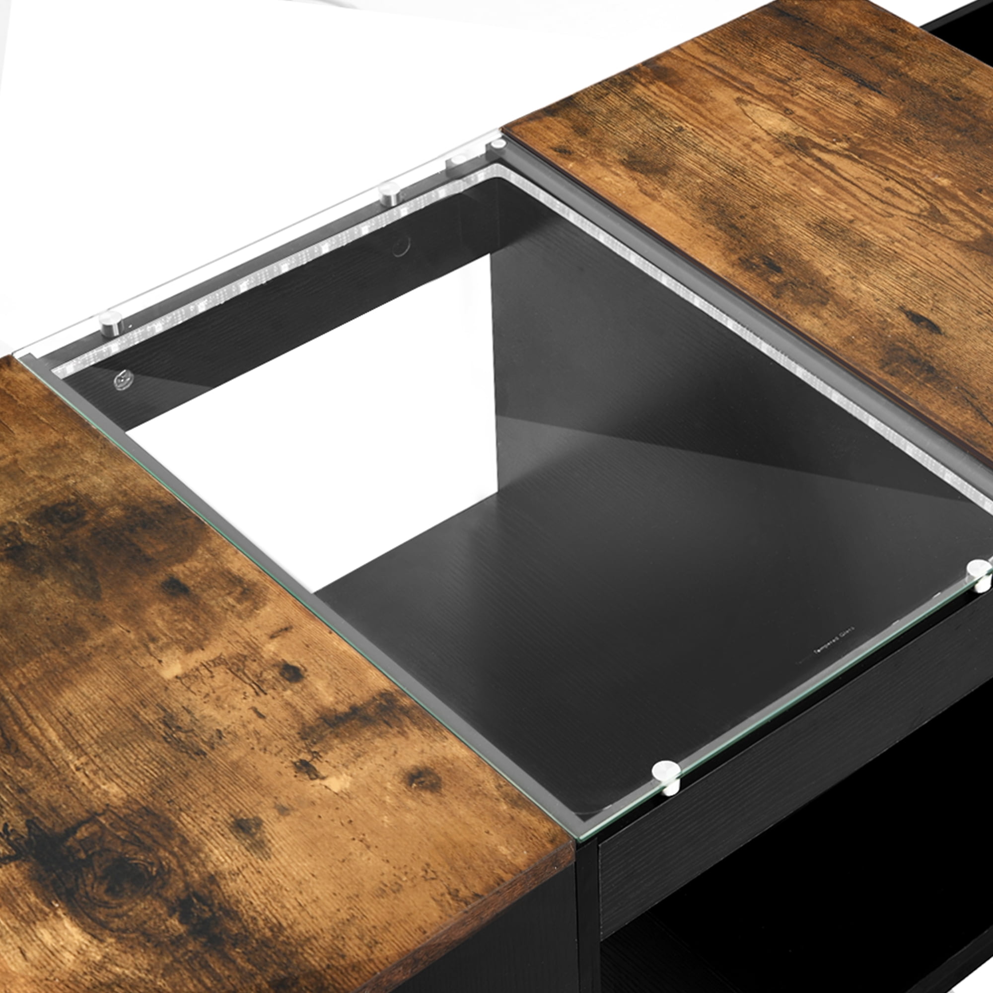 Dextrus Modern LED Coffee Table, Brown Coffee Table with Storage, Large Living Room Center Tables, 2 Tiers and 2 Drawers