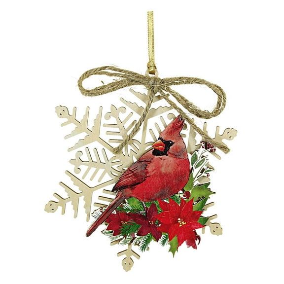 Holiday Ornament Cardinal Snowflake Wood Poinsettia Red Bird 135066 Right