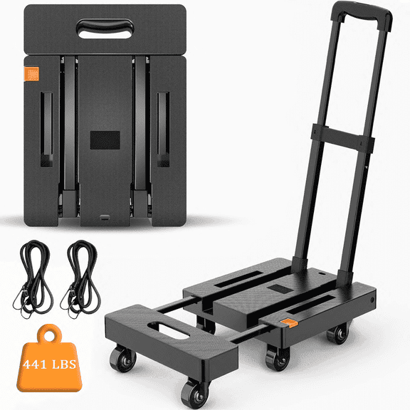 BN-LINK Folding Hand Truck, 6 Wheels Portable Dolly Cart, Lightweight Luggage Cart with 2 Elastic Rope, for Moving, Travel, House, Office, Shopping, Black