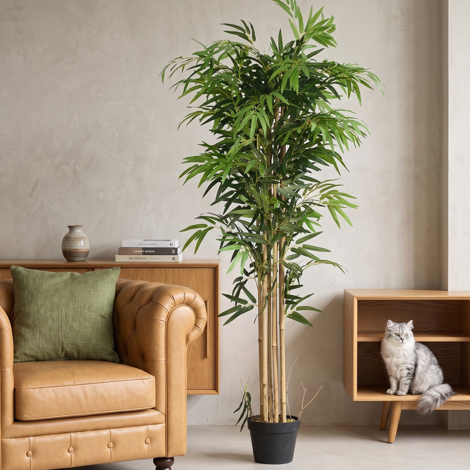 ALPULON 5FT Artificial Bamboo Silk Tree Faux Plant with Plastic Planter Pot for Indoor Outdoor Home Office Decor, Green