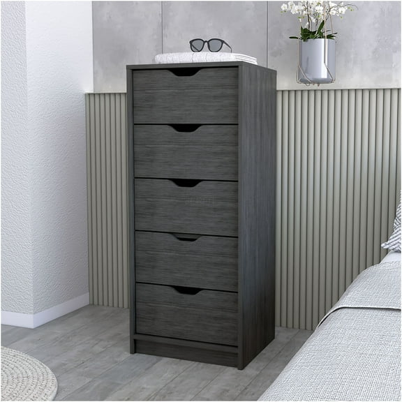 JERFIT Modern 5-Drawer Tall Dresser, Narrow Chest of Drawers with Large Storage Drawers for Bedroom, Space Saving Furniture in Smokey Oak Finish