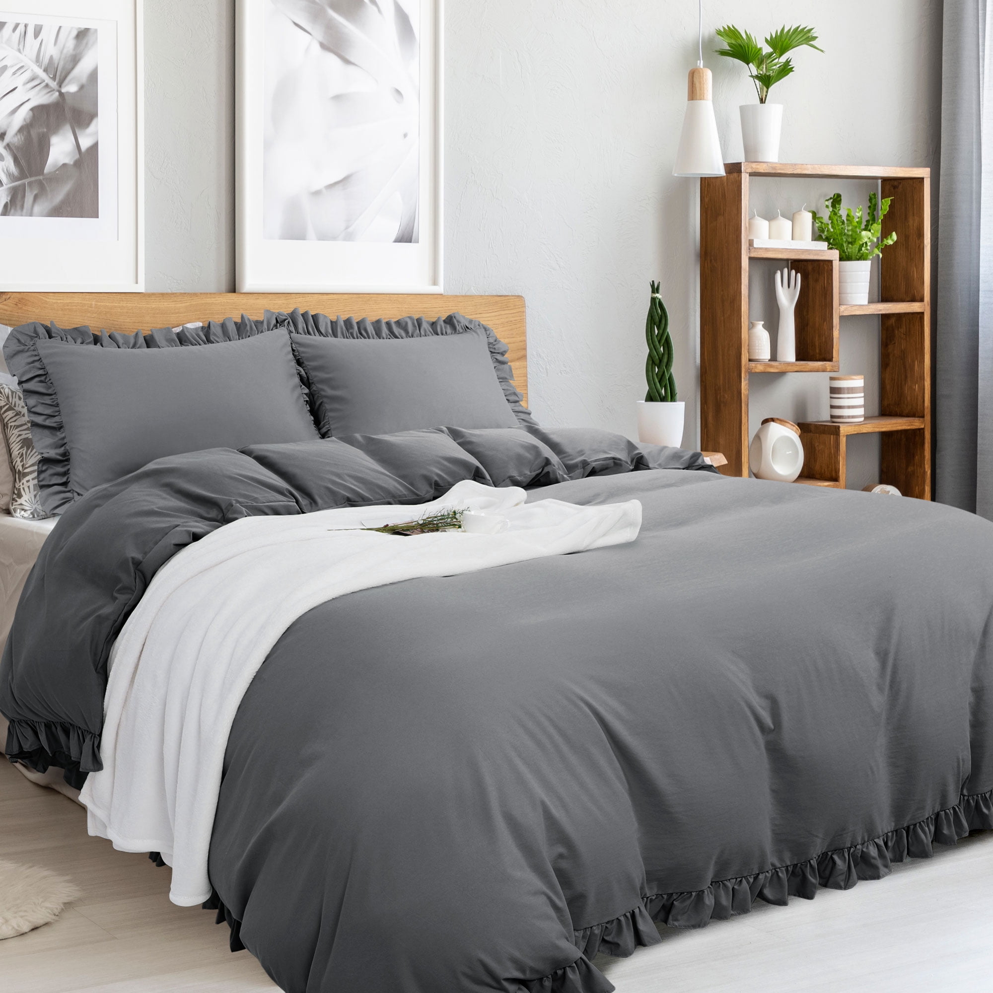 Unique Bargains 110GSM 3 Pieces Ruffle Brushed Duvet Cover Sets Queen Dark Gray