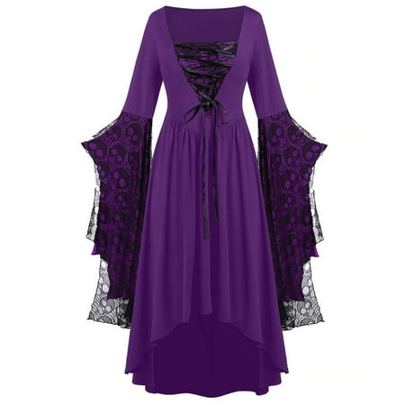 Fjofpr Womens Clothes Plus Size Dresses Long Sleeve Skull Lace Print Corset Dresses Color Matching Dresses Bandage Retro Formal Party Dress