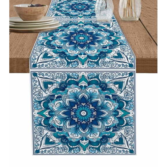 Teal Blue Floral Boho Table Runner Cotton Linen 60 Inch Holiday Dresser Scarves, Abstract Tribal Ethnic Flowers Tablerunner for Kitchen Coffee Dining Bedroom Living Room Dinner Scarf Décor 13''x60''
