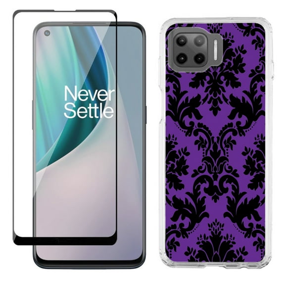 Slim-Fit Protective Phone Case compatible with Motorola Moto One 5G UW, with Tempered Glass Screen Protector, by OneToughShield ® - Victorian Purple/Black