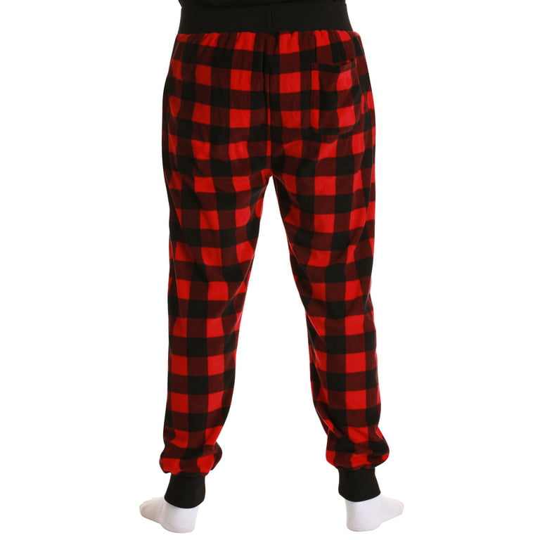 #followMe Men's Microfleece Buffalo Plaid Pajama Pants with Pockets:  Comfortable Joggers (Red and Black Buffalo Plaid Jogger, X-Large)