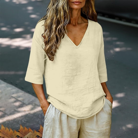 LIZUOJUN Women's Short sleeve T-shirt Linen Blend 3/4 Sleeve Blouse V Neck Casual Loose Solid Color Shirts for Women,Beige L