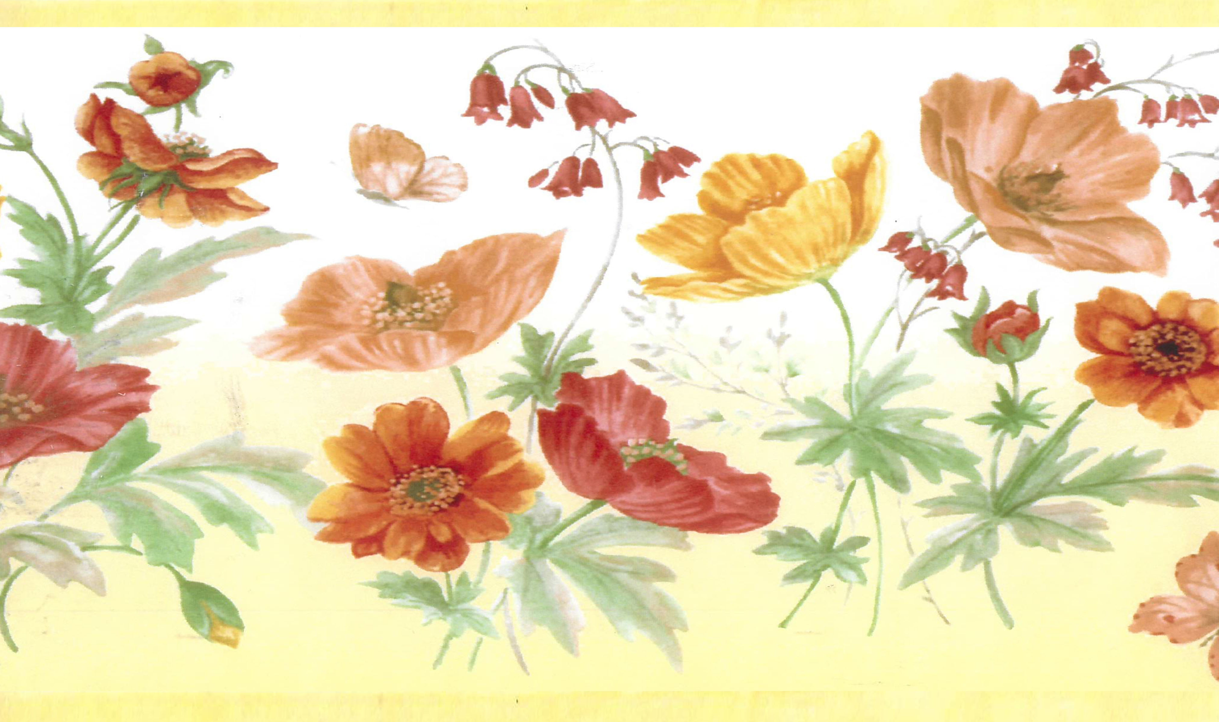 Prepasted Wallpaper Border - Floral Yellow, Green, Red Meadow Flowers