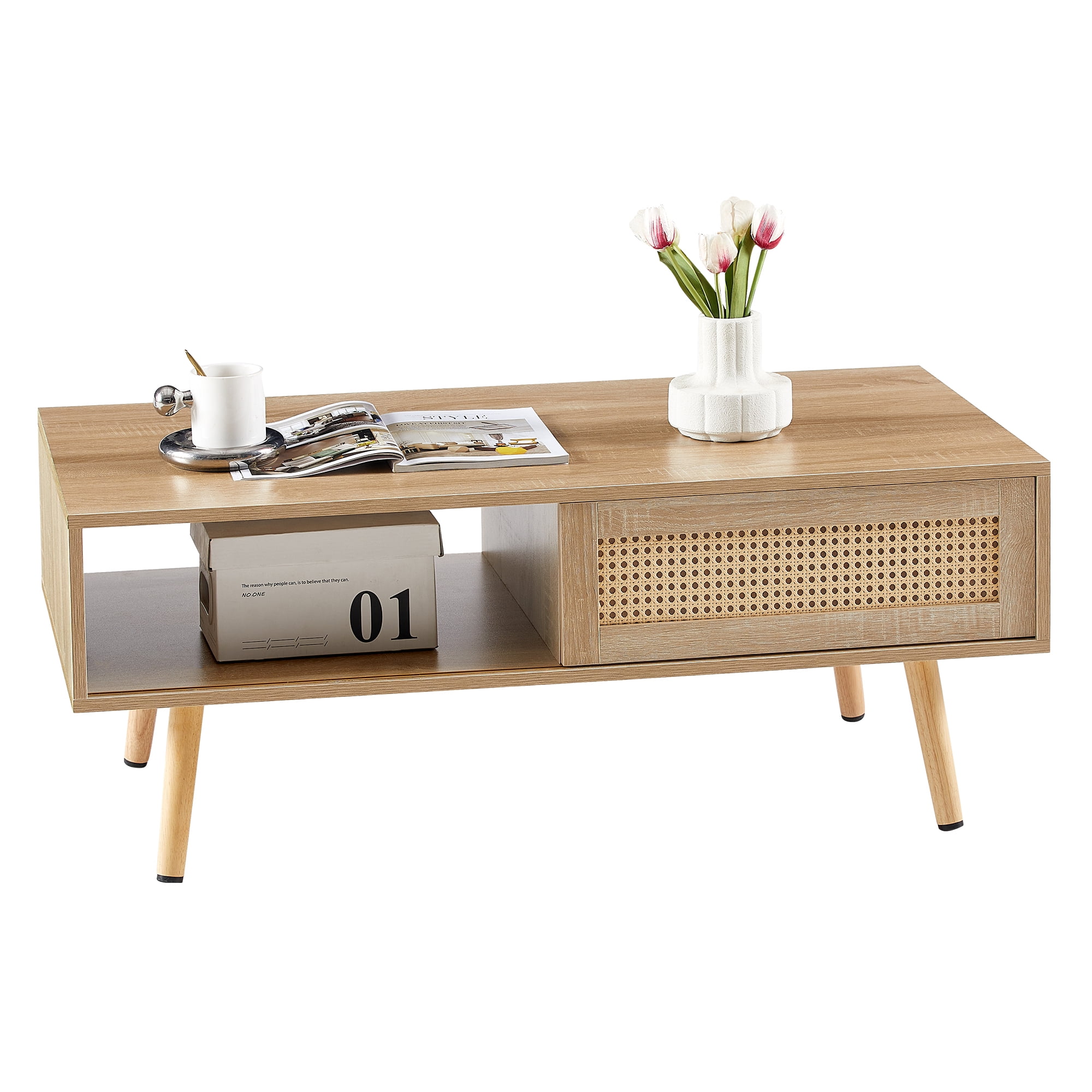 MAYEERTY 41.34" Rattan Coffee Table with Sliding Door, Solid Wood Legs, Natural
