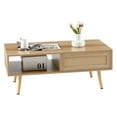 thumbnail image 4 of 2-Tier Coffee Table, 41" Modern Accent Table with Rattan Sliding Door, Adjustable Feet, Open Storage, Wood Center Table for Living Room, Bedroom, 4 of 9