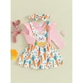 thumbnail image 3 of Infant Baby Girl Easter 3Pcs Outfit Long Sleeve Romper with Carrot Print Bunny Embroidery Overall Dress and Bow Headband, 3 of 9