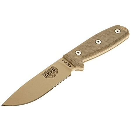 - ESEE -4 Serrated Edge Desert Tan Blades with Micarta Handles and OD Green Molle Sheath