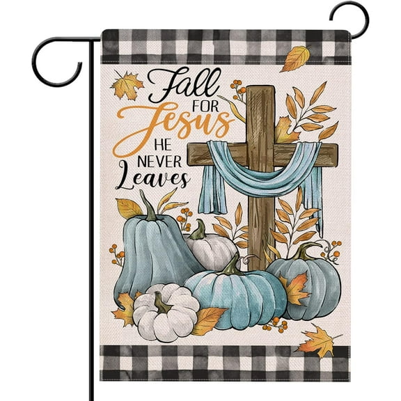 Fall for Jesus He Never Leaves Garden Flag, Religious Cross Autumn Pumpkin Gourd Decorative Yard Outdoor Home Small Decor, Thanksgiving Maple Leaf Plaid Farmhouse Outside House Decoration 12.5x18