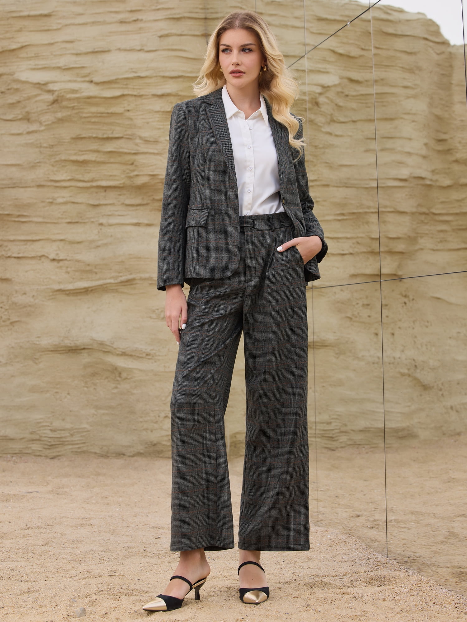 DARING DIVA Women's Houndstooth Plaid Blazer Business Suit Jacket XL Black Grey