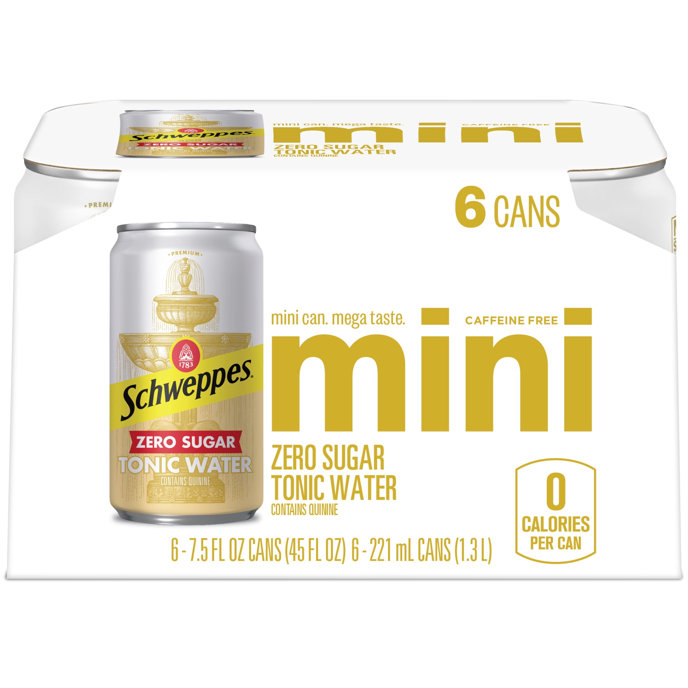 Schweppes Caffeine Free Zero Sugar Tonic Water, 7.5 fl oz, 6 Pack Cans