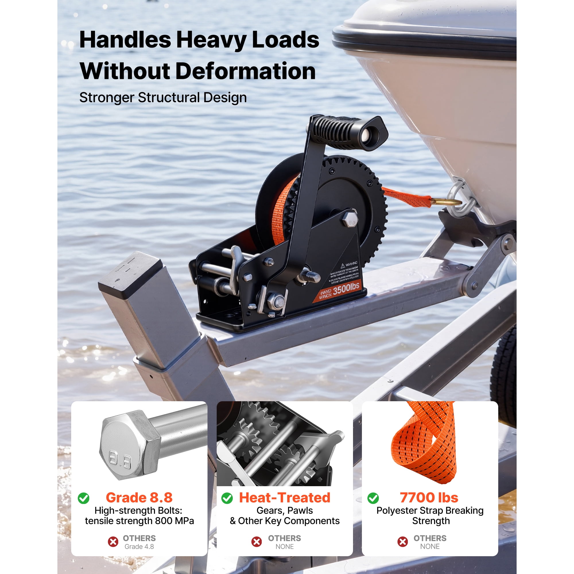 KFFKFF 3500 lbs Manual Boat Winch with 20ft Orange Polyester Strap, Two-Way Ratchet, 2-Speed Switch, and Anti-Slip Handle for Trailer and ATV Towing