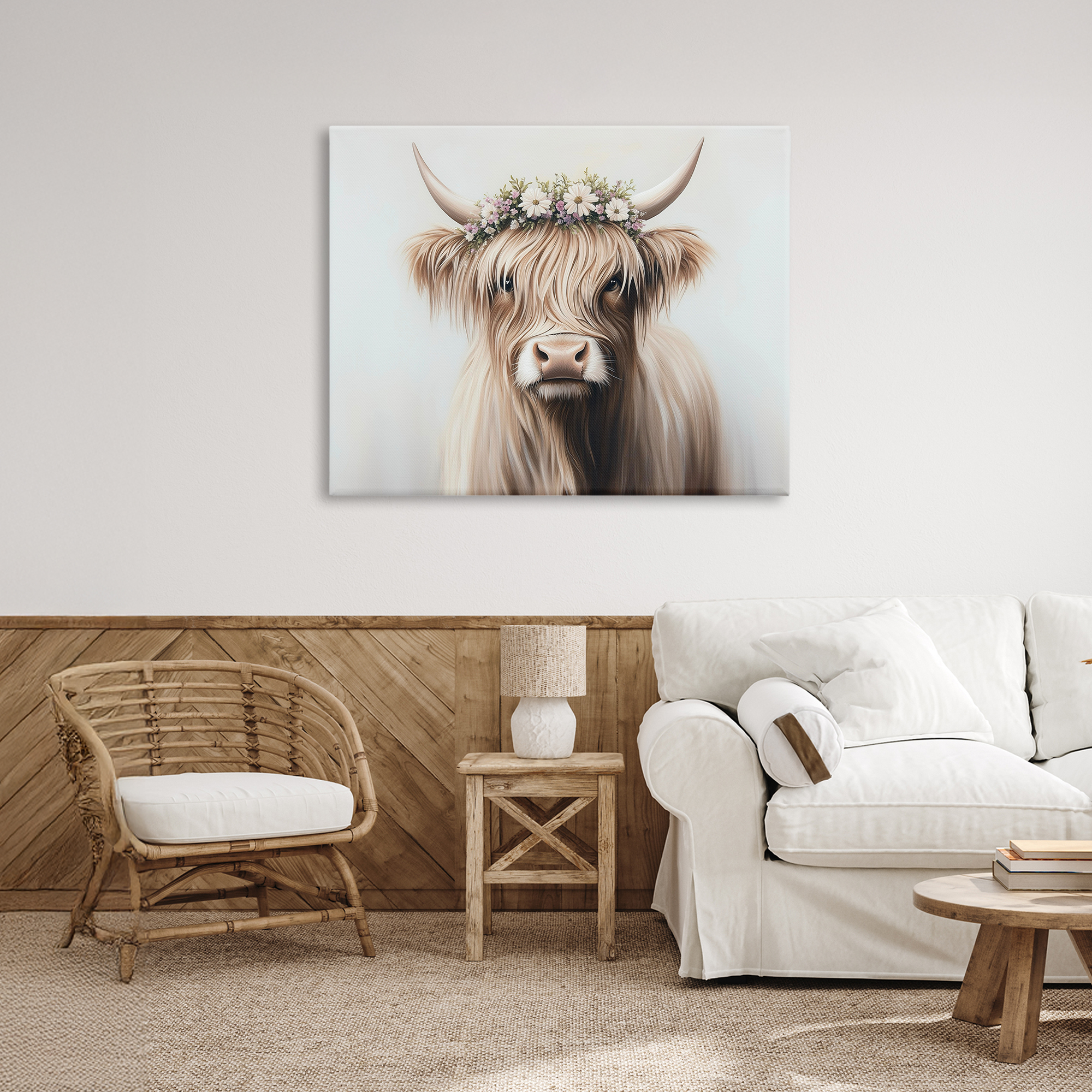 Shaggy Cattle Floral Crown Canvas Wall Art, design by Shawna Stewart