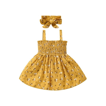 

Jkerther Toddler Baby Girls Casual Dress Floral Printed Sleeveless Strap Dress with Bow Headband