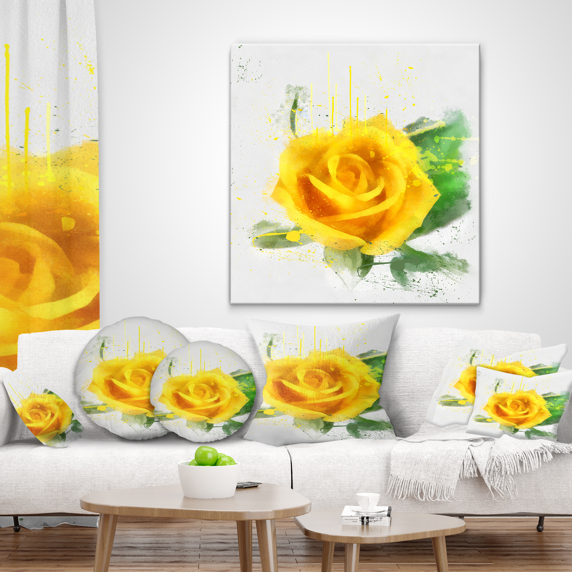 Designart Yellow Rose with Green Leaves Sketch - Floral Throw Pillow - 12x20