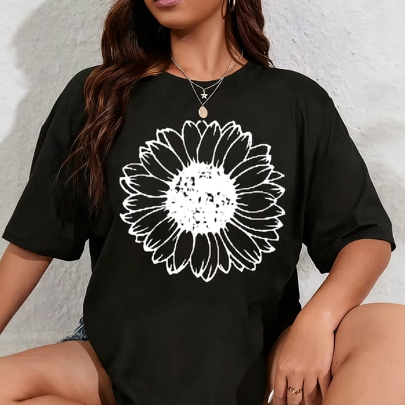 100% Cotton Women's Summer Sunflower T Shirt Cute Flower Graphic Loose Tees Crew Neck Short Sleeve Casual Tops