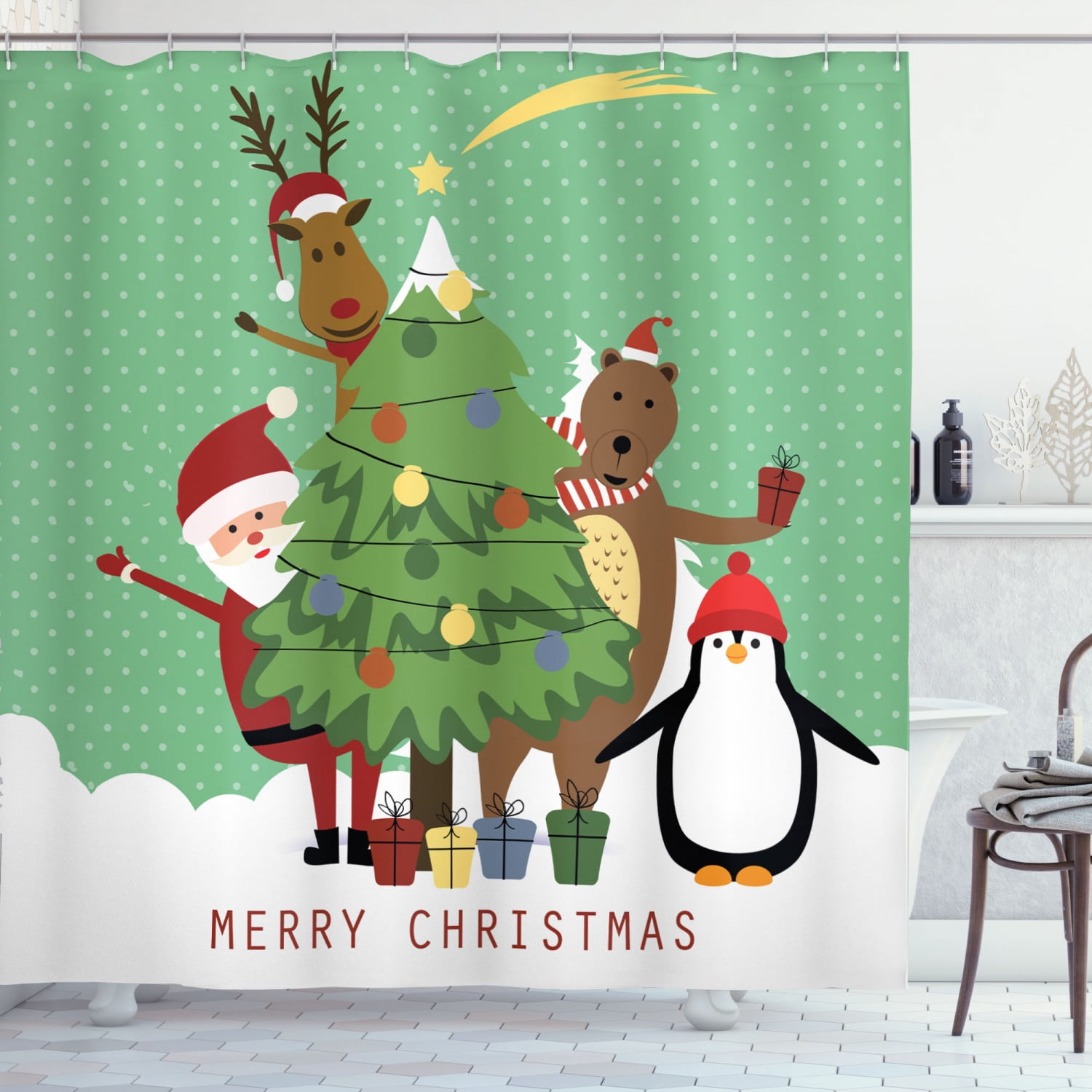 Ambesonne Christmas Shower Curtain, Santa Bear Deer Penguin, 69"Wx84"L