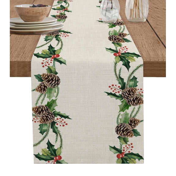 Table Runners 48 Inches Long Dress Scarves, Green Pine Cone Farmhouse Kitchen/Dining Table Runner, Short Coffee Tablerunners, Christmas Winter Plants Retro Beige 13x48 Inch